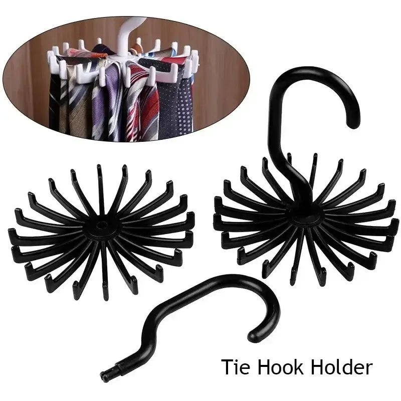 Tie Hook Holder set showing black and white 360 Rotatable Tie Racks with detachable hooks for easy assembly and tie storage.