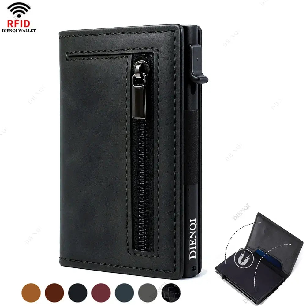 RFID Credit Card Holder - Men's Wallets in black with zipper pocket and slim design for organized storage and secure card protection.