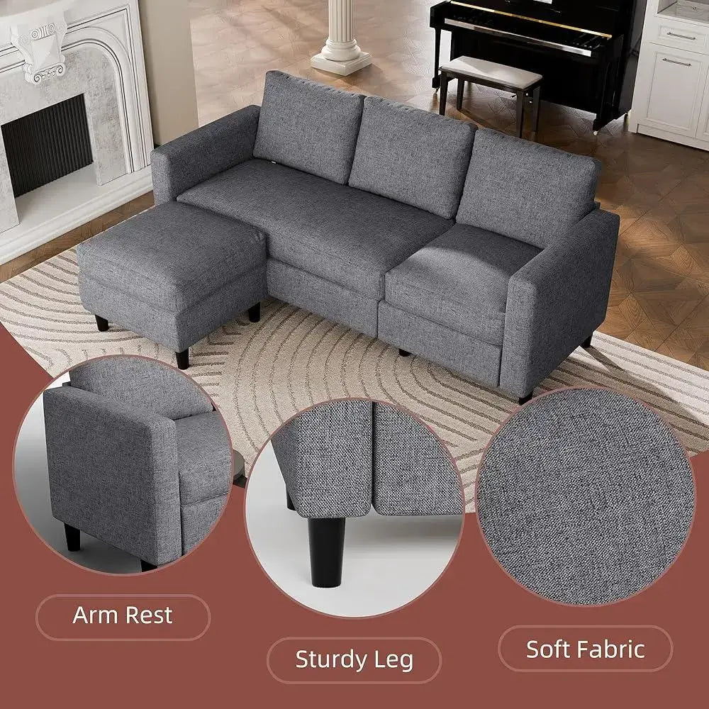 Gray Sofa Couch with Ottoman - features armrest, sturdy legs, and soft fabric, perfect for stylish and functional living room seating.