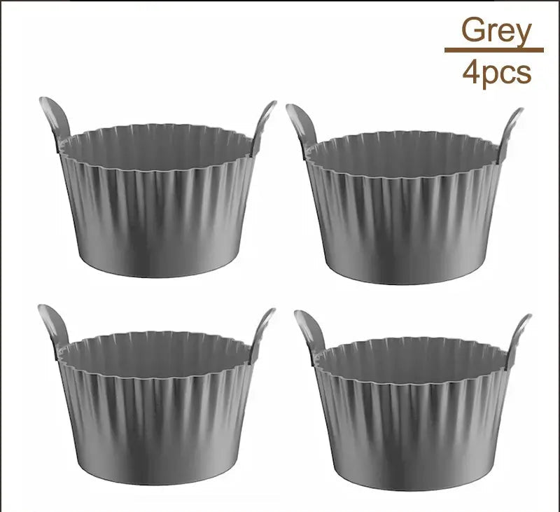 Set of 4 grey Air Fryer Silicone Egg Cups for non-stick baking. Ideal for air fryers, microwaves, and ovens with reusable design.