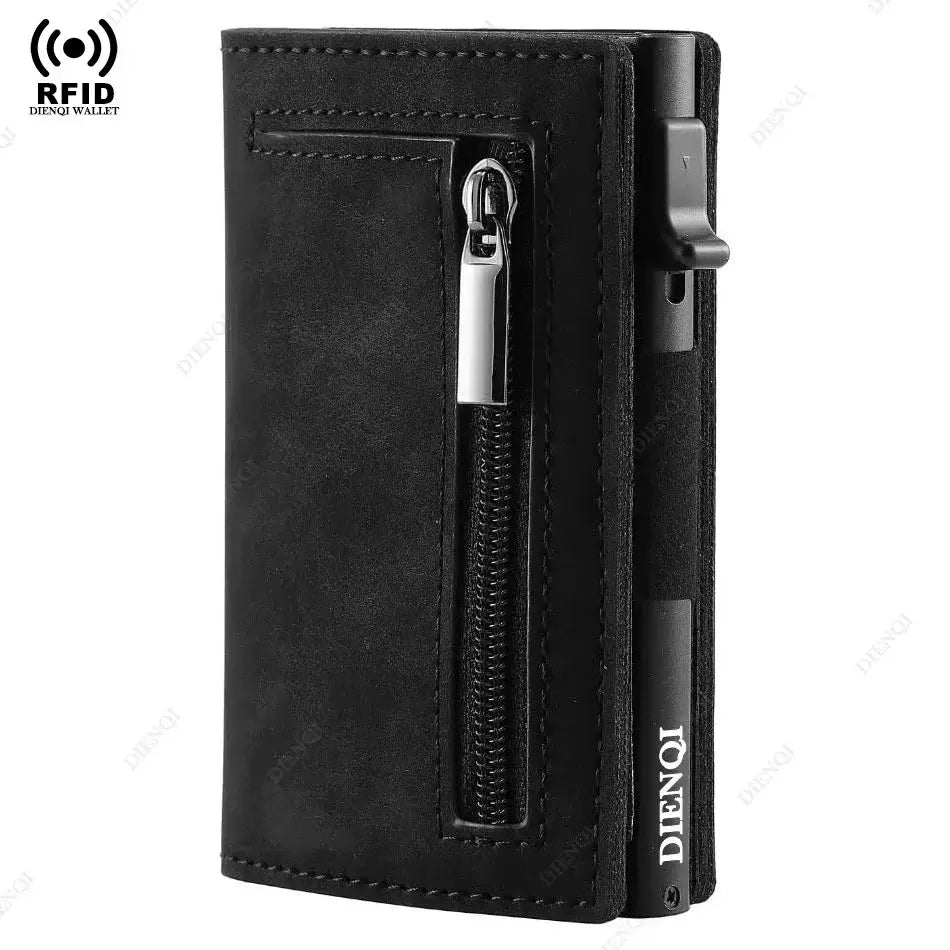 Black RFID Credit Card Holder - Men's Wallets with front zipper pocket and slim profile for secure, stylish card and cash storage.