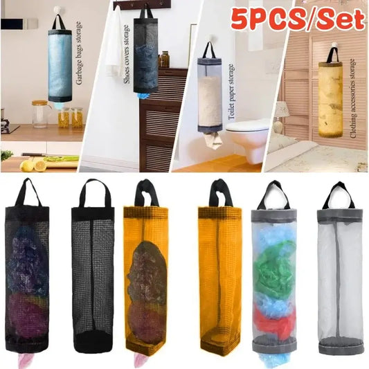 5PCS kitchen plastic bag holder set in mesh design for efficient storage. Ideal for organizing grocery, plastic, and mesh bags in any room.
