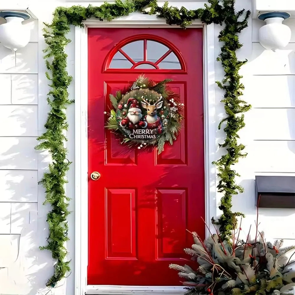 2D Circular Wooden Merry Christmas Sign - Art Decor | 20cm displayed on a red front door, enhancing holiday curb appeal with festive charm.
