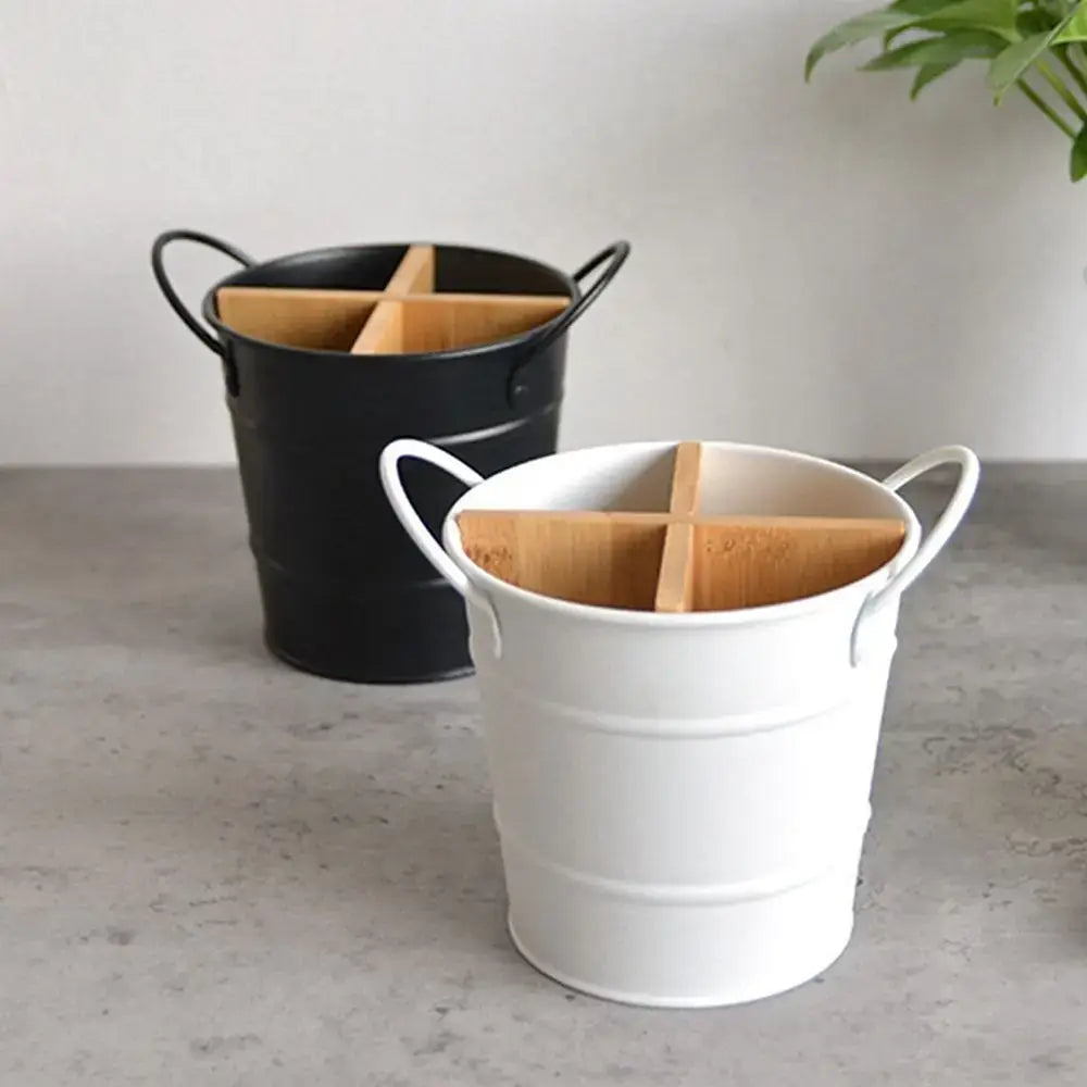 Black and white Bamboo Cutlery Organizer - Divider & Metal Holder set with eco-friendly bamboo compartments for utensil separation.