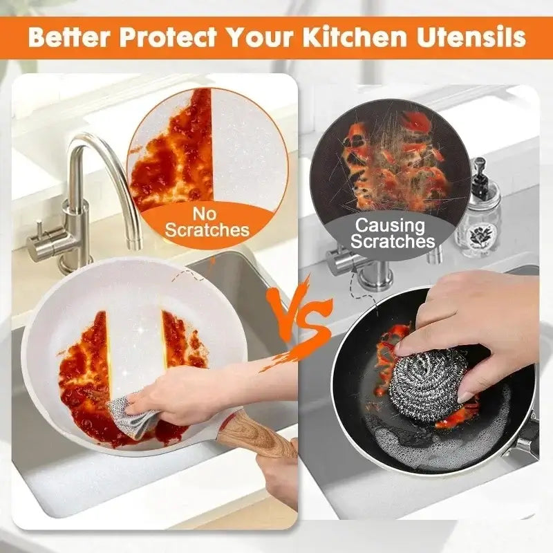 Comparison of Magic Dishcloth Silver Wire vs traditional scrubbers, showing non-scratch cleaning on non-stick pans.