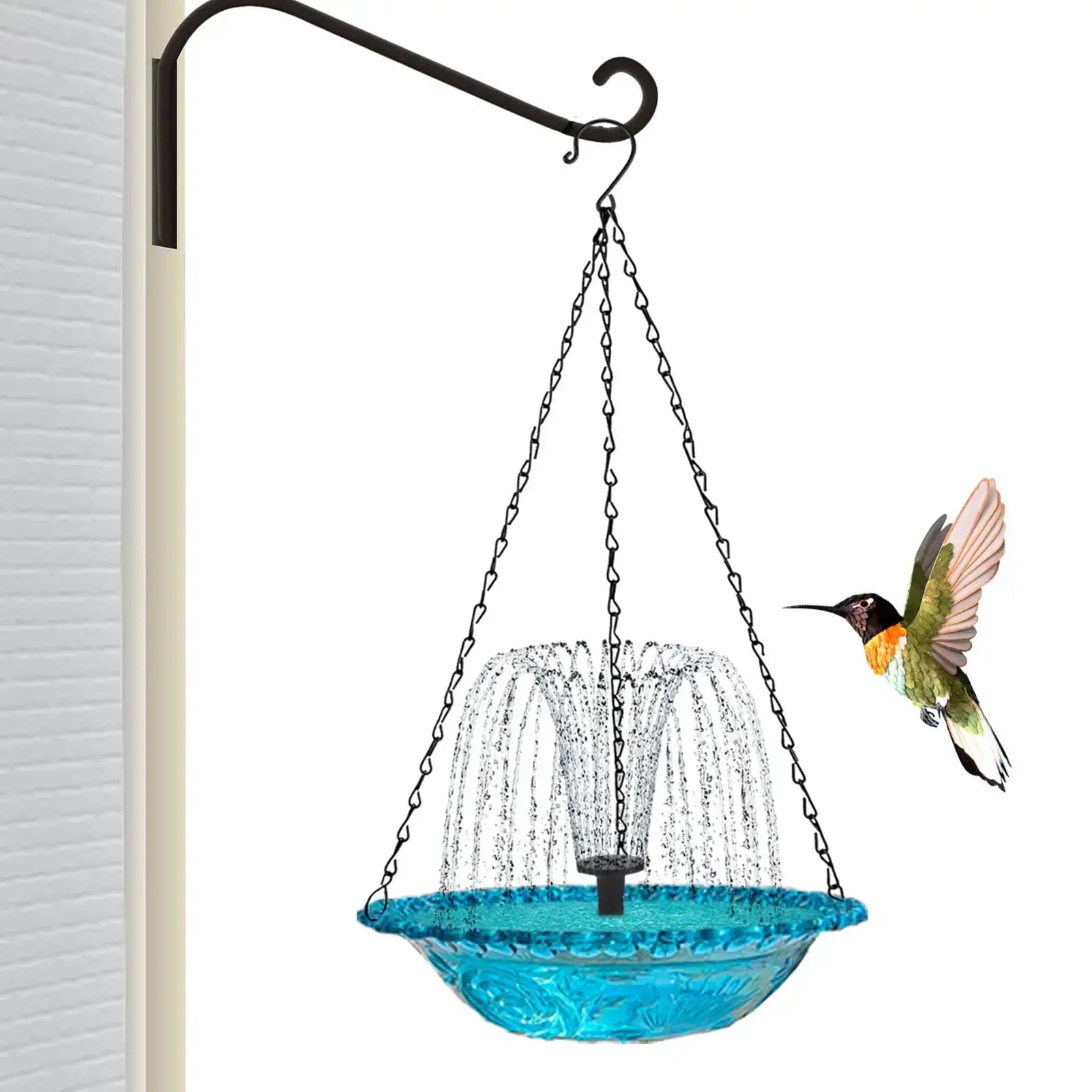 Hanging Solar Bird Bath - Stunning Gift | Durable Design mounted on a wall hook with a hummingbird approaching the solar fountain.