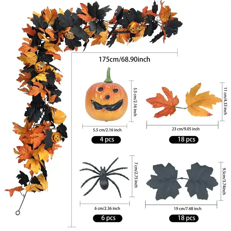 Halloween Garland set includes pumpkins, spiders, and maple leaves. Measures 175cm and is perfect for seasonal decorating with easy setup.