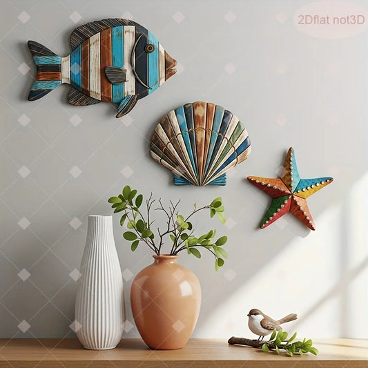 1/2 Set Colorful Ocean Art -Wooden Sea Fish, Shell, Starfish Farmhouse Style Decor
