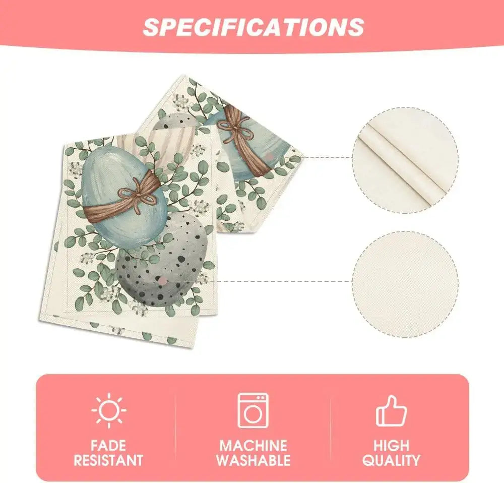 Product specs of Eucalyptus Easter Table Runner - Linen showing fade resistance, machine washability, and high-quality fabric details.