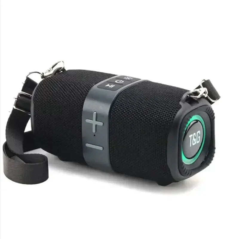 Black Crossbody Bluetooth Speaker with green LED light and strap. Wireless 50W speaker ideal for travel and outdoor use.
