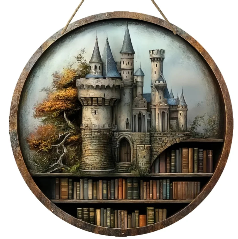 Rustic castle bookshelf wooden sign with autumn tree accents, perfect for seasonal wall decor in home libraries or entryways.