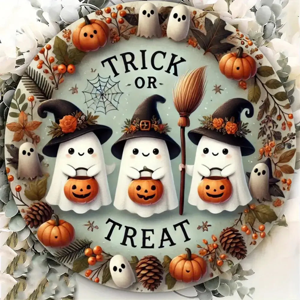 Decorative Trick or Treat metal sign with ghosts, pumpkins, and broomstick, adds spooky charm to Halloween setup, waterproof and rustproof.