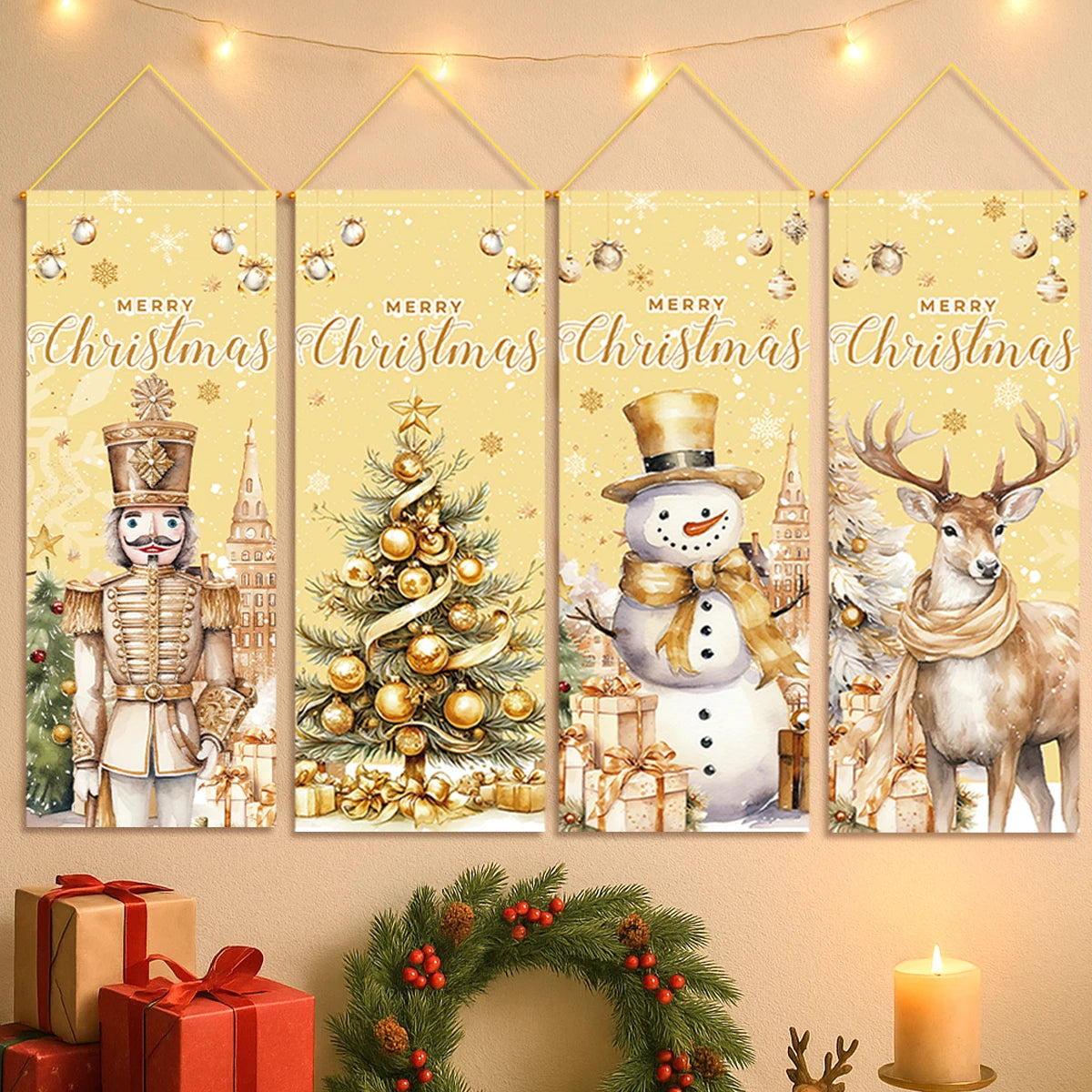 The Christmas hanging flag decor is a cheerful and eye-catching addition to your holiday decorations. Featuring vibrant Christmas-themed designs such as Santa, snowmen, or festive greetings.