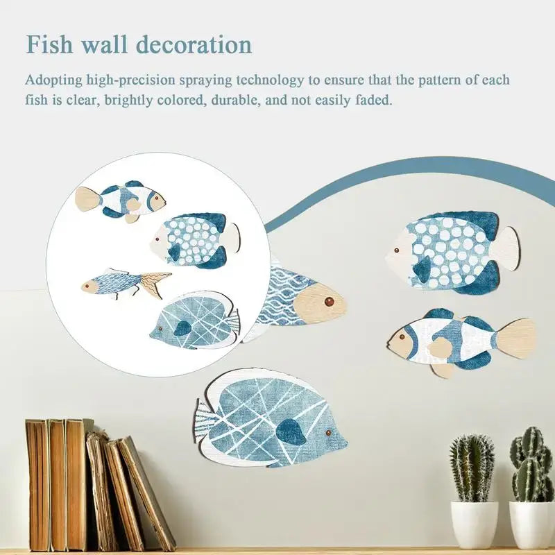 High-precision Wooden Nautical Fish Wall Sculpture set with vibrant patterns, perfect for durable and fade-resistant coastal wall decoration.