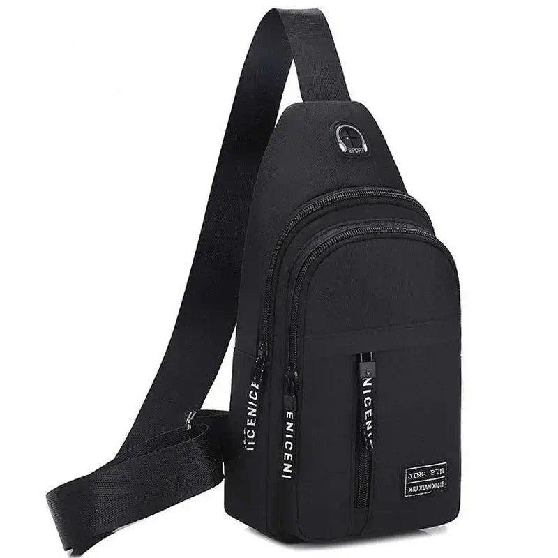 Black multifunctional crossbody shoulder bag with sporty design and multiple pockets, suitable for men and women on the go.