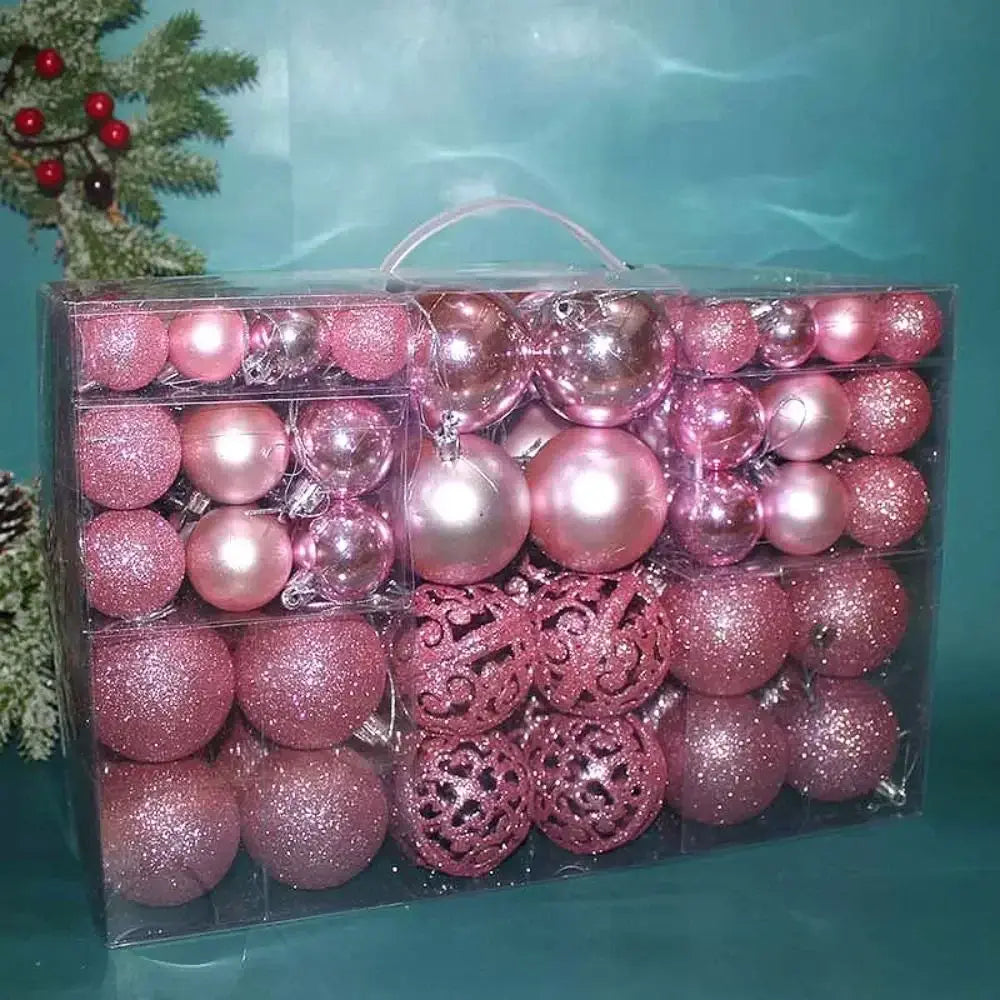 Pink 100PCS Plastic Christmas Ball Set with glitter, matte, and shiny finishes, perfect for elegant and modern holiday decor.