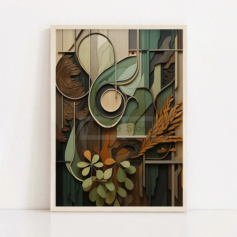Boho Wood Shapes Botanical Poster Earth Tones Prints Canvas Painting Wall Art Pictures Home Room Organic Textures Modern Decor