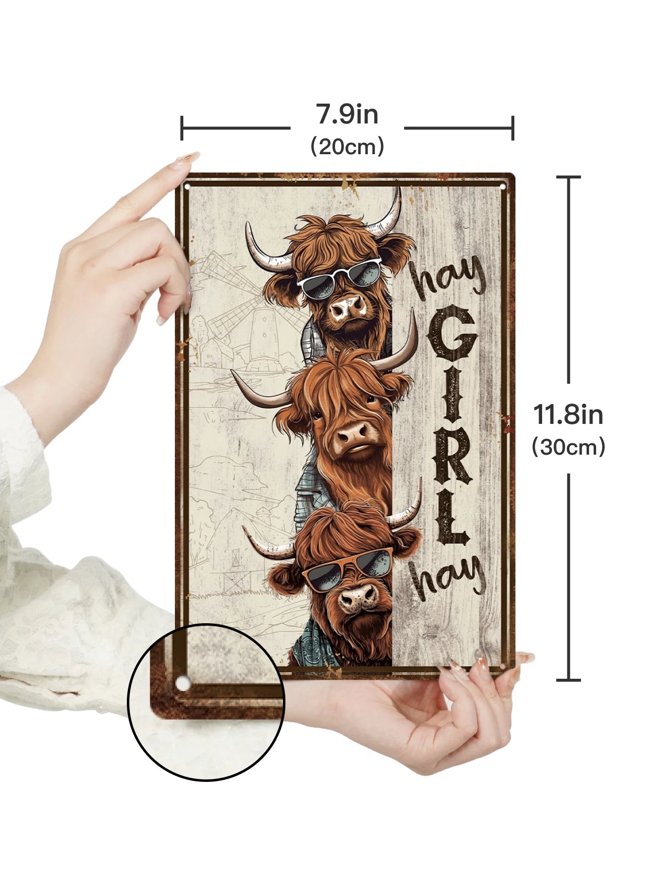 Hey Girl Hey Metal Tin Sign shown with dimensions 7.9x11.8 inches. Lightweight and easy to hang, ideal for quirky home décor accents.