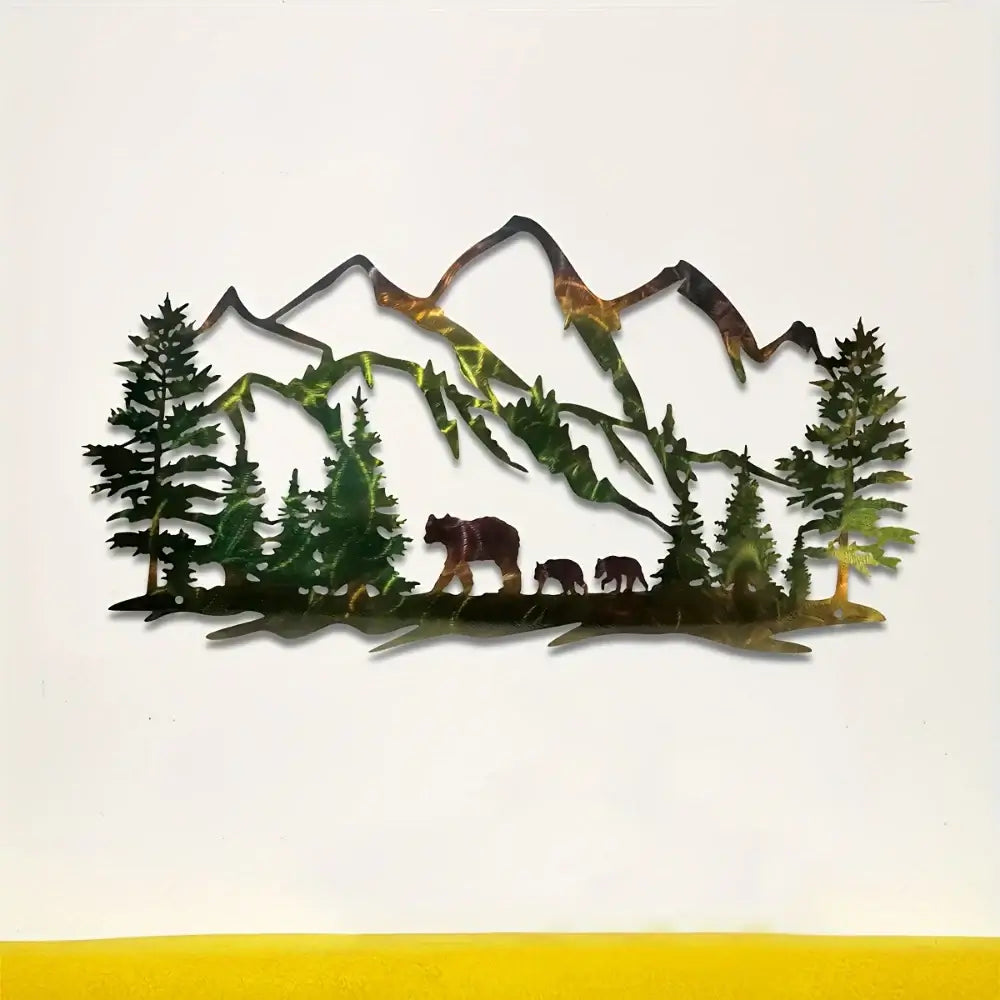 Rustic Bear and Mountain Metal Wall Art with forest silhouette. Durable iron design adds wilderness charm to rustic and cabin-style spaces.