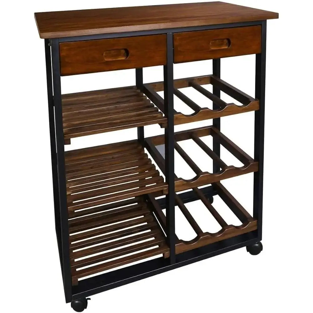 Angled view of Wooden Kitchen Island Cart with wine rack, drawers, and storage shelves. Features solid pine wood and rolling wheels for mobility.