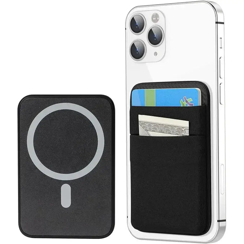 Magnetic Wallets - Cardholder | Slim, Secure, Compatible with MagSafe. Black wallet securely attached to iPhone, storing cards and cash.