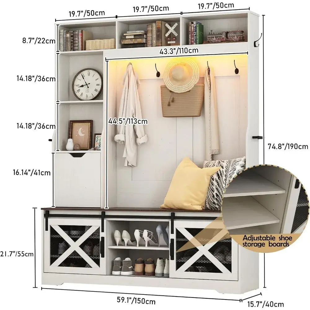 75''H LED Farmhouse Hall Tree White Bench Shoe Storage