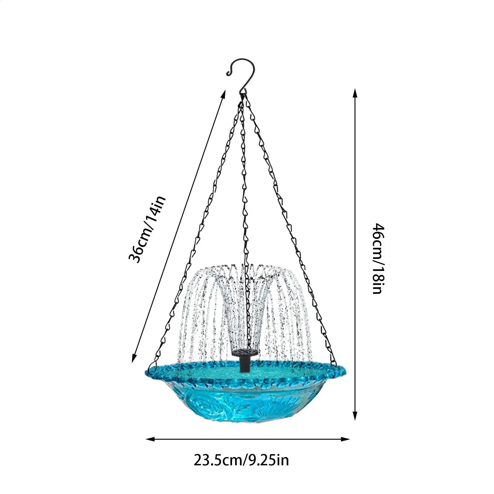 Dimensions of Hanging Solar Bird Bath - 9.25in diameter and 18in height, featuring solar-powered fountain and sturdy hanging chains.