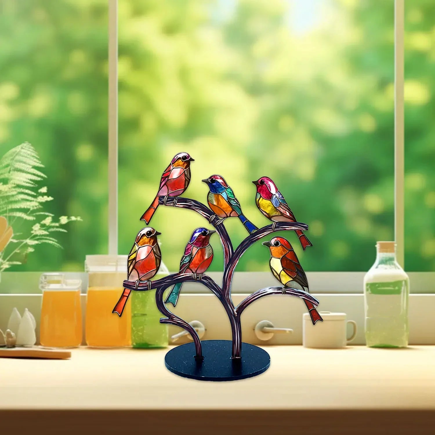 Multicolor Birds-Stained Acrylic Birds on Branch Desktop Ornaments Double Sided Multicolor -
