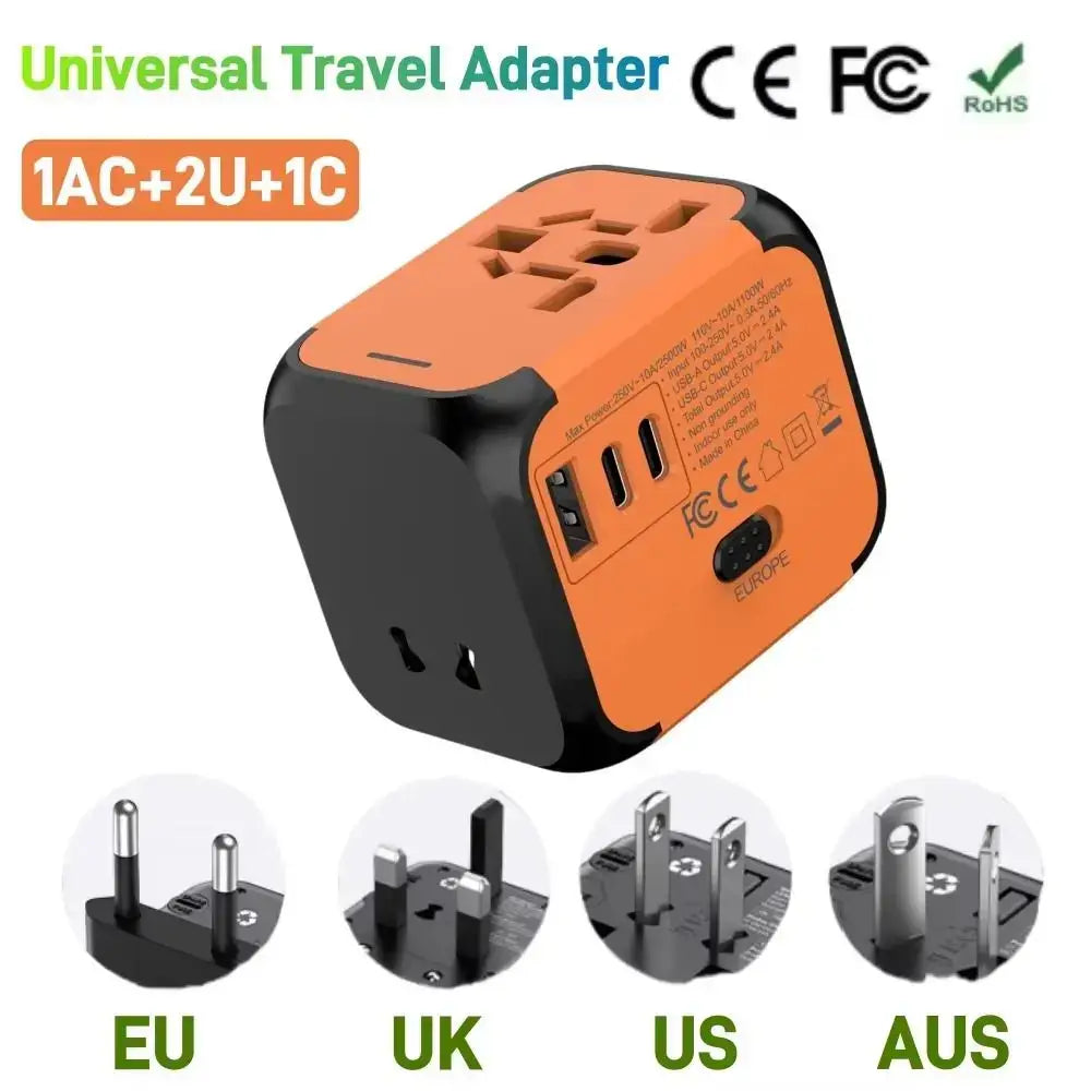 Orange Universal Travel Plug Adapter with 1 AC, 2 USB, and 1 USB-C port, compatible with EU, UK, US, and AUS plugs, CE and RoHS certified.