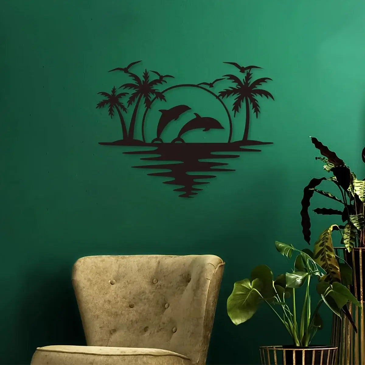 Creative Dolphin Coconut Tree Beach Iron Indoor Outdoor Decoration mounted on a green wall, enhancing tropical ambiance in home or patio spaces.