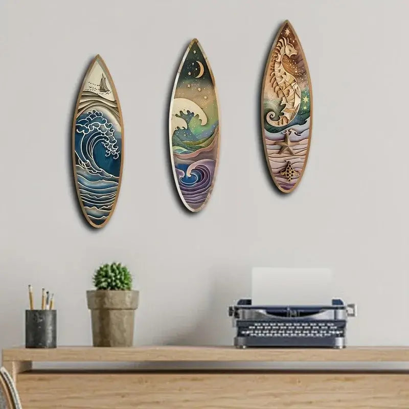 Wooden Surfboard Wall Decor - 3PCS Nautical Art displayed above a desk. Adds a beachy, artistic touch to home office or study spaces.