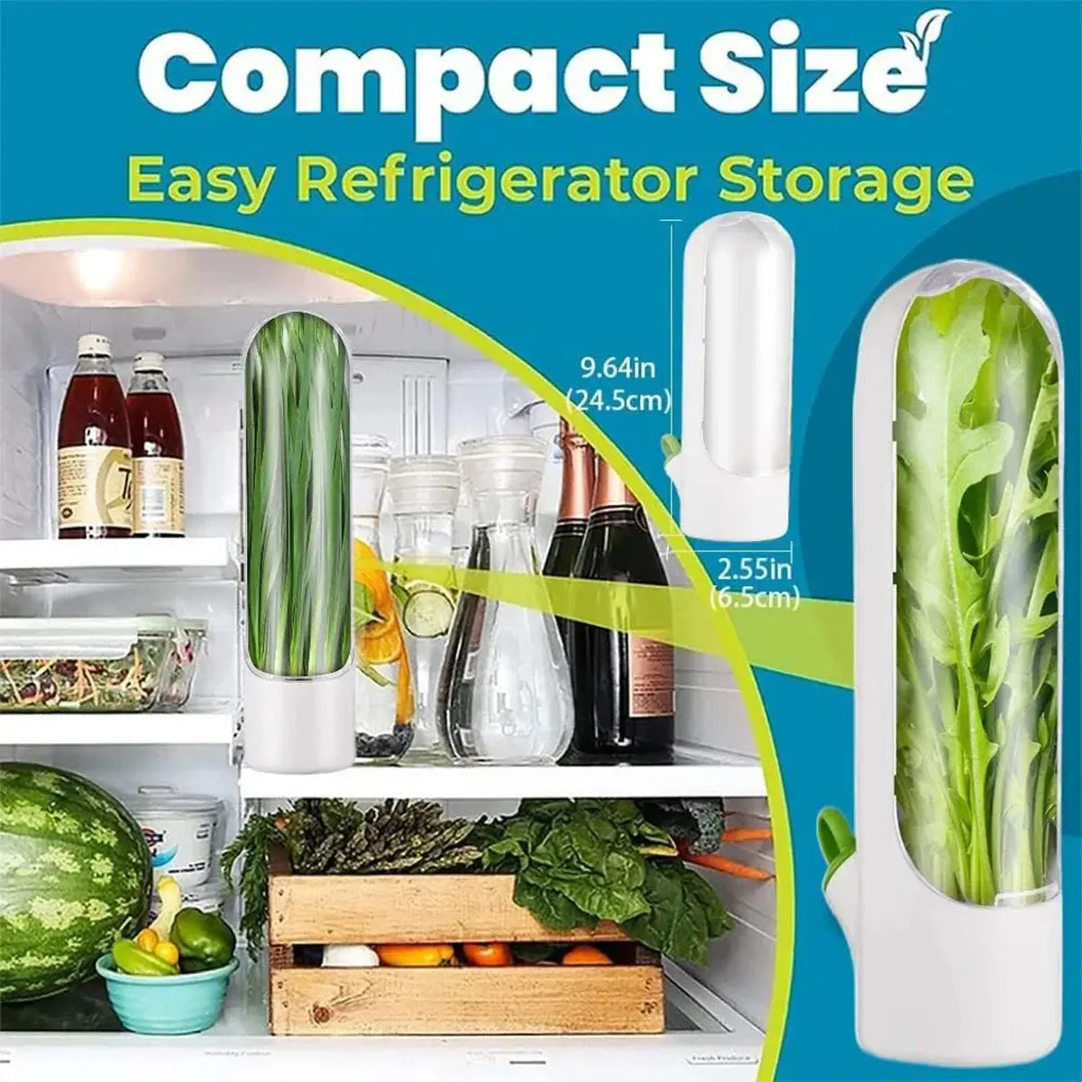 Compact Herb Saver Container shown in a refrigerator, highlighting its space-saving design and ability to keep herbs fresh longer.