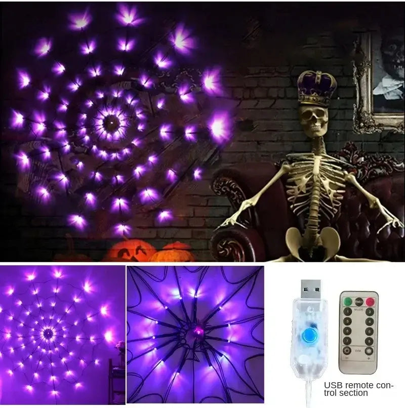 USB-powered Halloween Ghost LED Light String with remote control, glowing purple in spider web shape for flexible use.