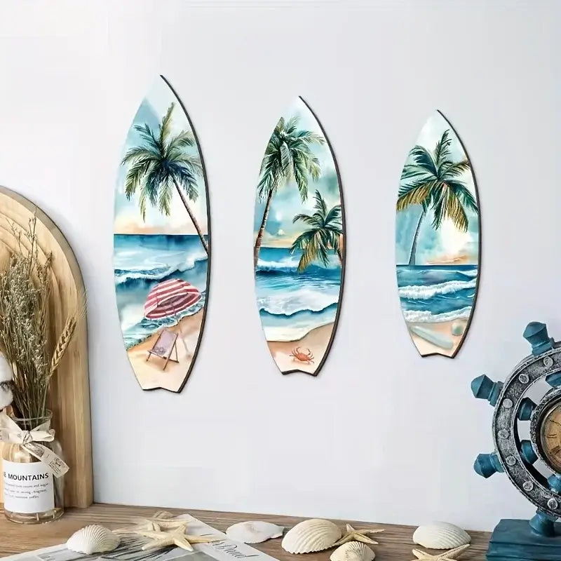 Nautical-themed room with 3PCS Handcrafted Wooden Surfboard Wall Decor set above a desk, surrounded by seashells and marine accents.