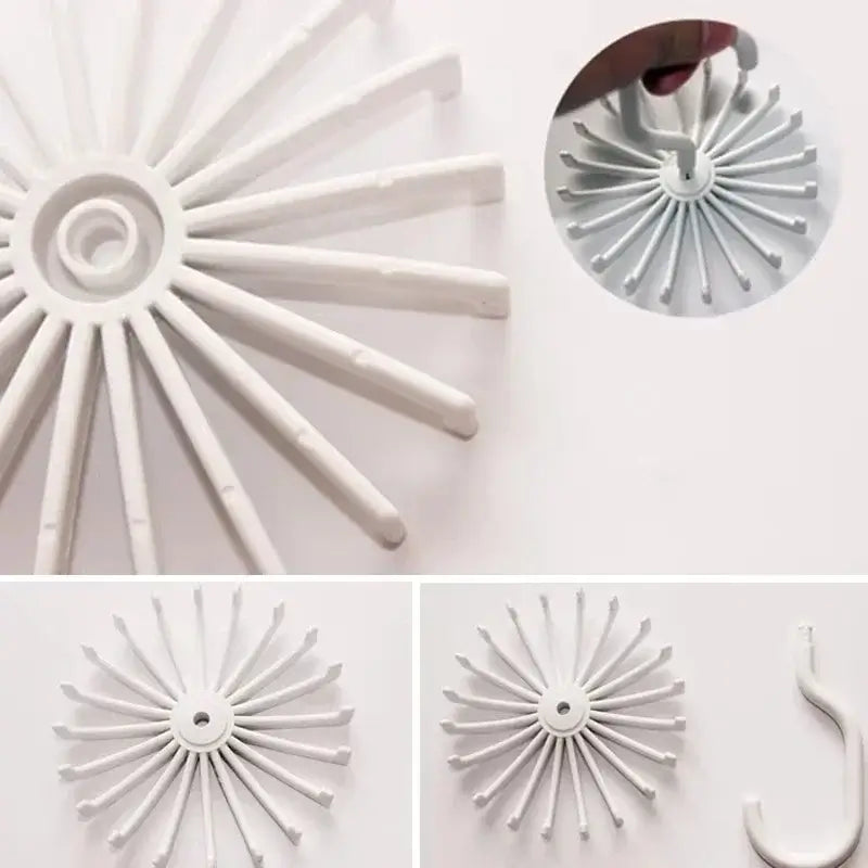 White 360 Rotatable Tie Rack disassembled to show hook and base with 20 hooks, ideal for compact closet organization.