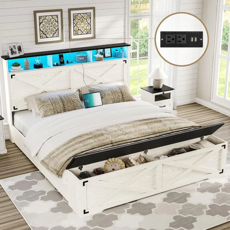 Farmhouse Queen Bed Frame with Storage features LED-lit headboard, built-in charging station, and underbed storage bench in antique white finish.