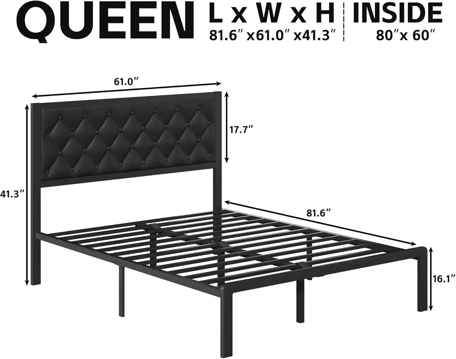 Queen Bed Frame with Headboard dimensions 81.6x61x41.3 inches, showing metal slats and sturdy platform structure for mattress support.