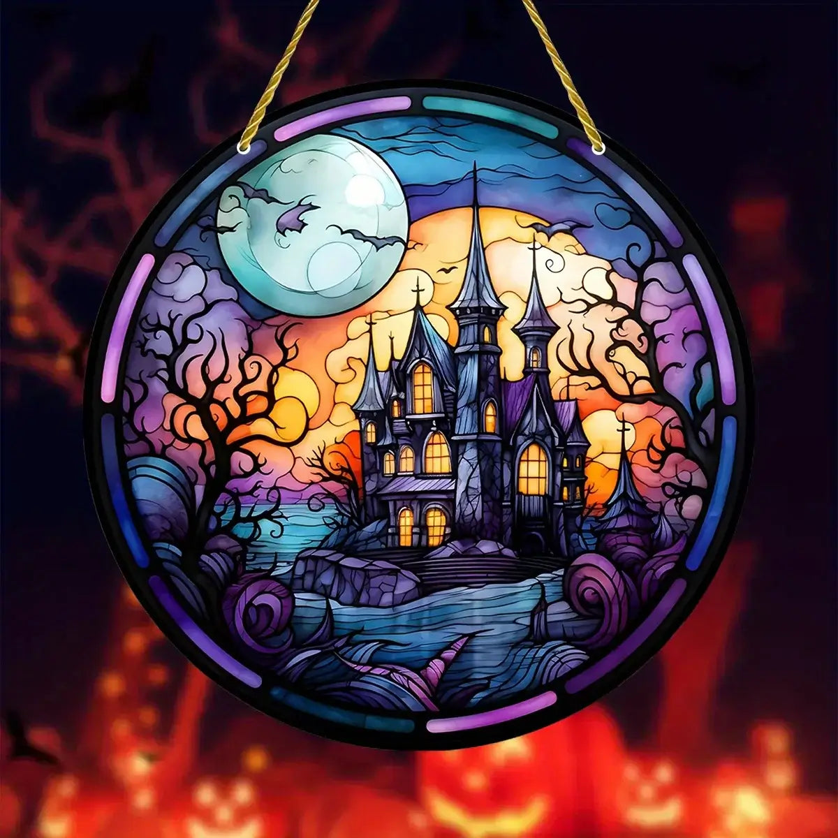 Stained glass-style haunted castle Halloween window decoration with full moon and bats, ideal for spooky seasonal decor.
