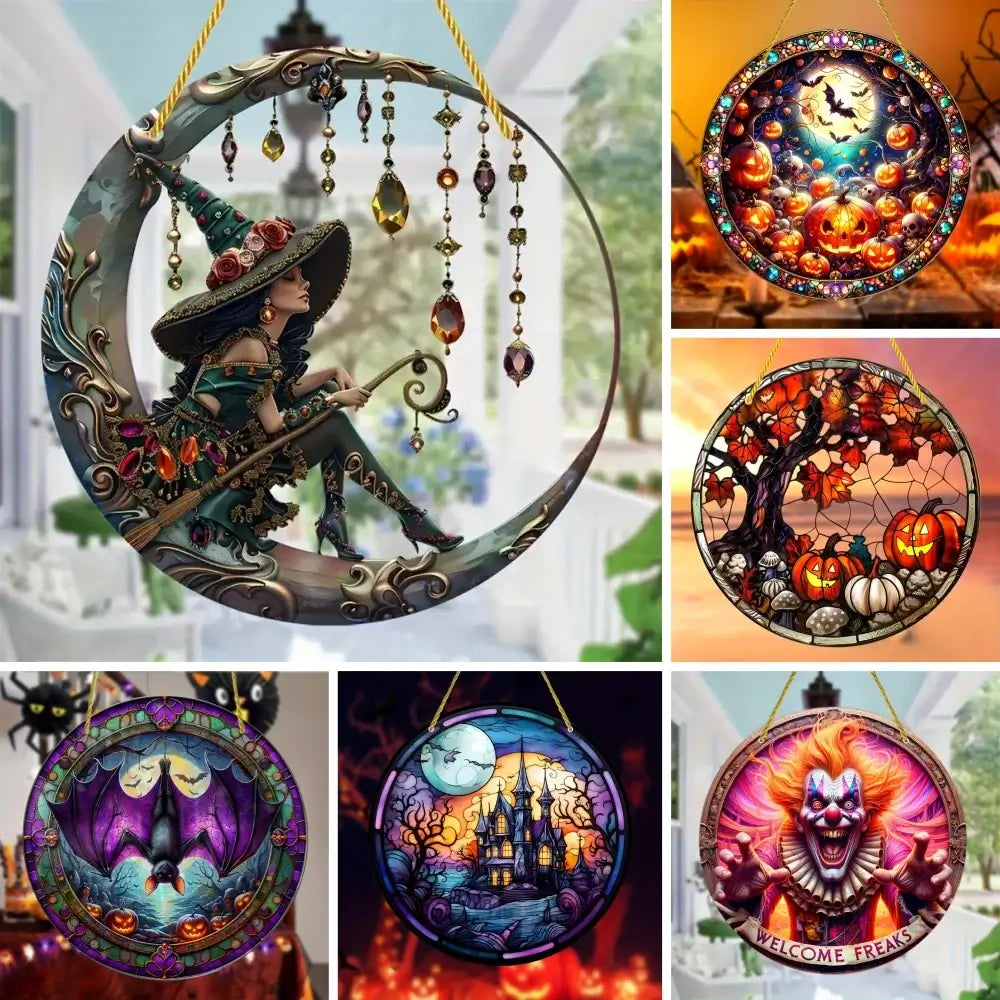 Witch Acrylic Window Decoration featuring a witch on a crescent moon with hanging crystals, perfect for spooky Halloween decor in home or garden.
