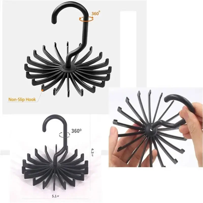 Black 360 Rotatable Tie Rack with non-slip hook and 20 rotating arms, shown in use and close-up for easy fingertip spinning.