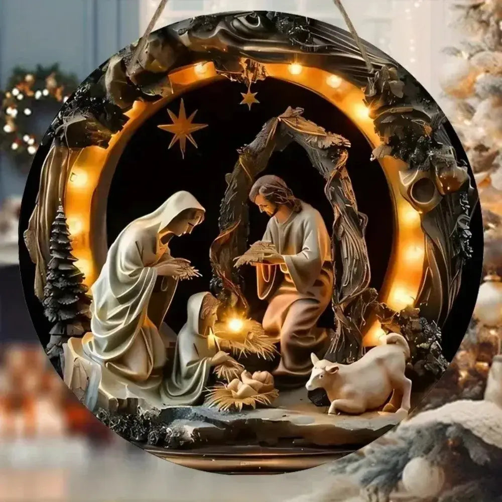 Virgin Mary Nativity Metal Sign with 2D layered design featuring Holy Family under a glowing arch. Ideal for Christmas home décor.