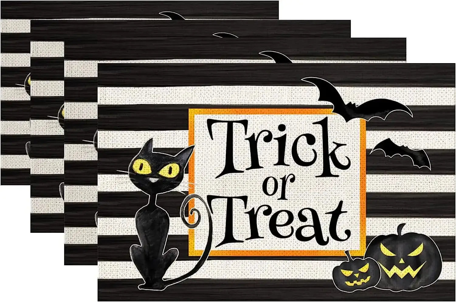 4PCS Halloween Table Placemats - Linen with 'Trick or Treat' text, black cat, and pumpkins. Bold striped Halloween table design.