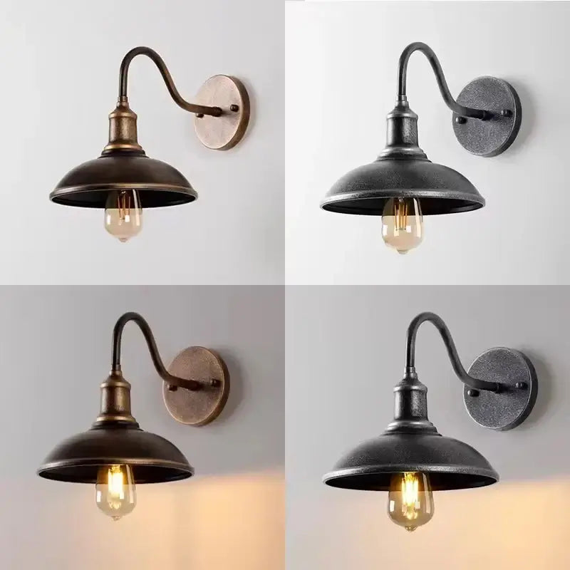 Retro Waterproof LED Wall Lamp in four color finishes, showcasing vintage design and durable iron build for outdoor lighting.