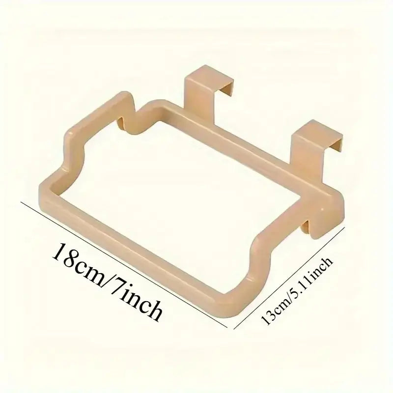 Beige no-drill cabinet door trash bag hook with 18cm x 13cm dimensions. Perfect for organizing waste under sink in compact spaces.