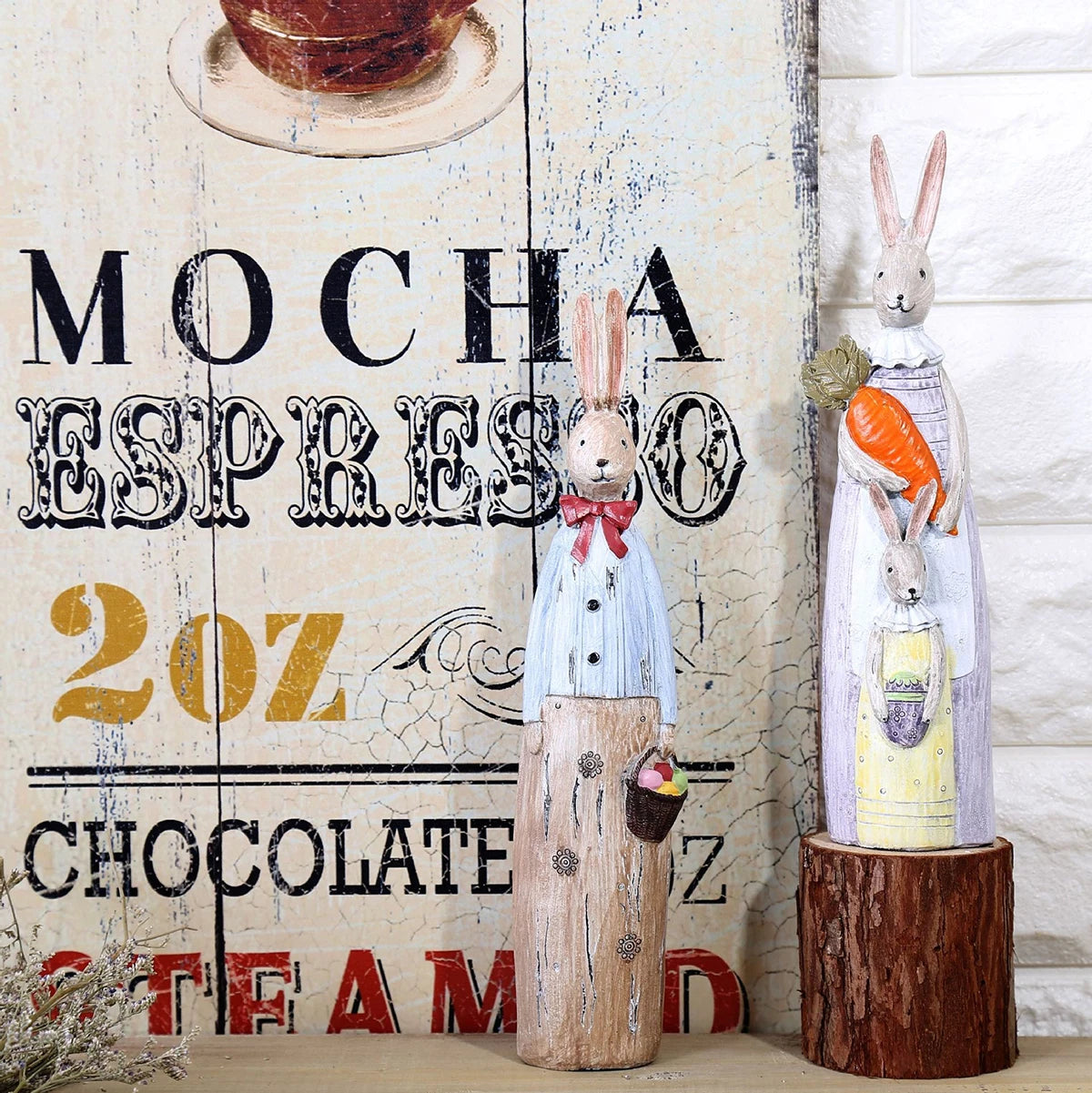 Wood Grain Resin Bunny Couple Statue - Handmade