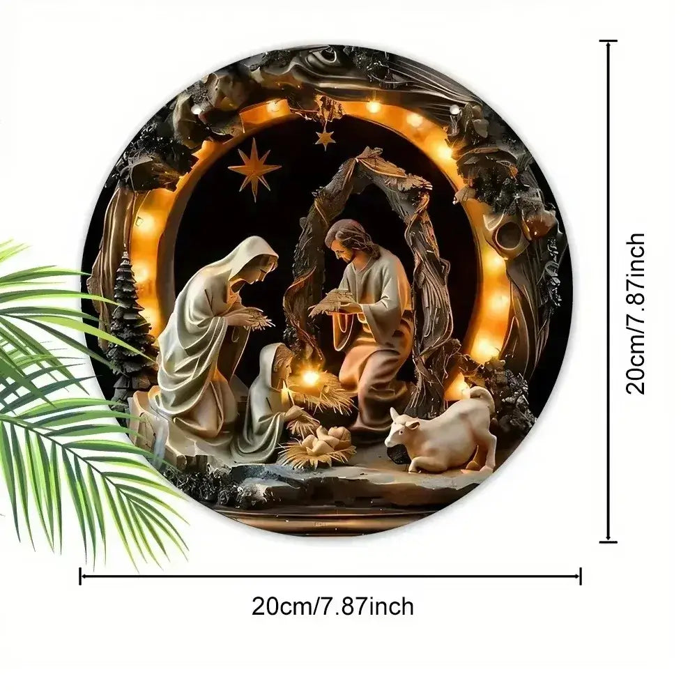 Round 20cm Virgin Mary Nativity Metal Sign with 2D effect and LED lighting. Perfect for festive wall decoration in holiday settings.