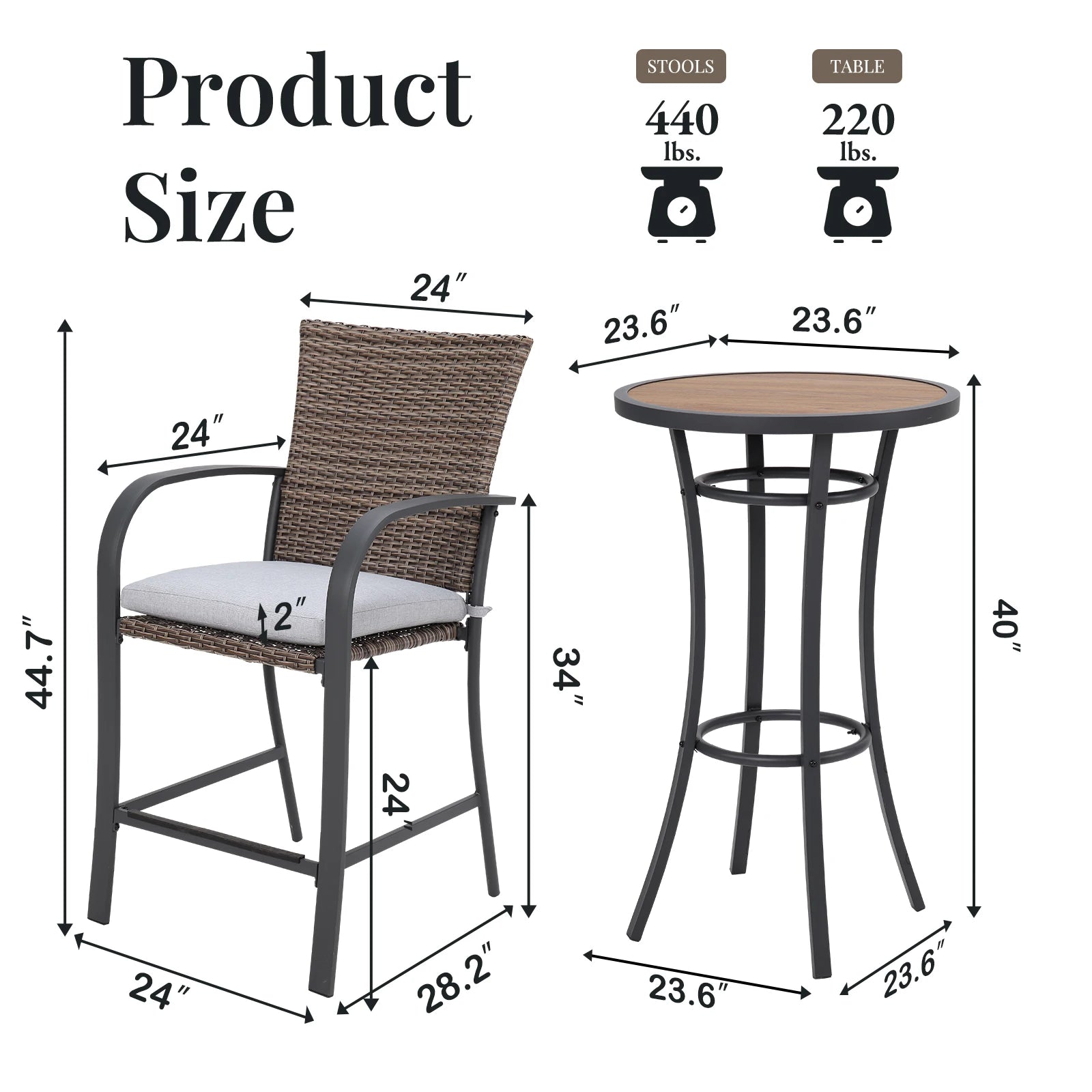 3pcs Patio Bar Set with Soft Cushions