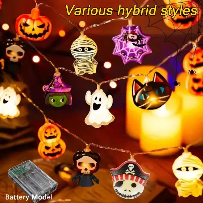 Hybrid Halloween LED string lights featuring mummies, witches, and pumpkins. Battery-powered festive lighting.