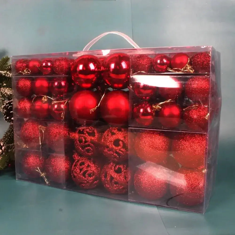Red 100PCS Plastic Christmas Ball Set in a transparent box with handle, featuring various textures for festive holiday decoration.