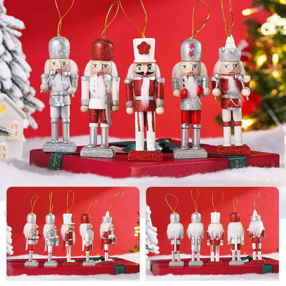 Front and back views of 5 handcrafted Wooden Nutcracker Soldiers in festive colors, perfect for seasonal Christmas ornament sets.